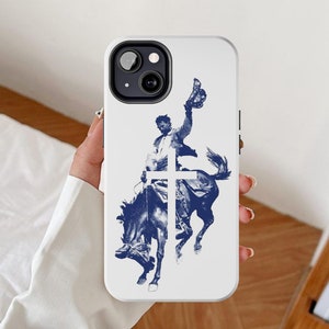 Vintage rodeo-telefoonhoesje, iPhone-cover met westers kruis, christelijk geloof Samsung Galaxy, katholieke cowboy google pixel, religieus retro, paard