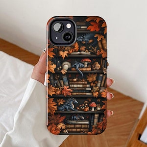 Bookish dragon phone case, Fantasy bookshelf iPhone cover, Whimsical book Samsung galaxy, Magical library Google Pixel, Cottagecore mythical