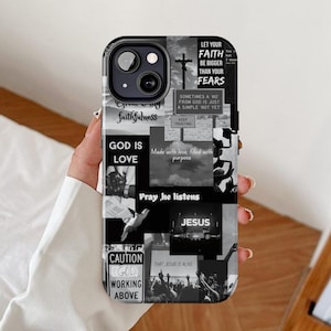 Funda para teléfono con collage de versículos bíblicos, funda para iPhone con estética en blanco y negro, álbum de recortes de fe para Samsung Galaxy, escrituras cristianas para Google Pixel.