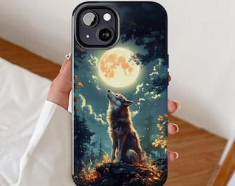 May include: A black phone case with a wolf howling at the moon. The moon is full and yellow, and the wolf is gray and white. The background is a dark blue night sky with stars.