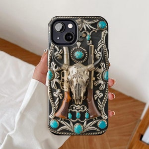 Étui de téléphone western, image 3D d'une boucle de ceinture gravée en argent, coque d'iPhone crâne de taureau Longhorn, galaxie Samsung turquoise, Google Pixel cow-boy
