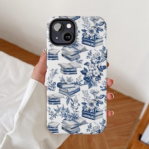 Funda para teléfono con forma de libro, fundas para iPhone con motivos de Toile de Jouy, funda para Samsung Galaxy con temática de club de lectura, regalo floral para Google Pixel para lectores, arte floral