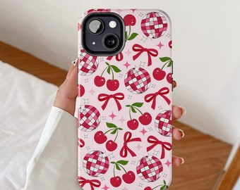 Coque de portable coquette, boule à facettes cerise, coques d'iPhone avec noeud en ruban, cadeau girly pour elle, cadeau sur le thème des cerises, design rose balletcore