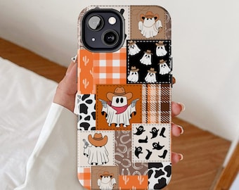 Ghost cowboy patchwork phone case, Halloween western iPhone cases, Ghosts cowgirl Samsung galaxy, Spooky season google pixel, Fall autumn