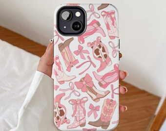 Coquette cowgirl phone case, Ribbon bow iPhone cases, Western rodeo girly cover, Balletcore pink bows gift, Wild west cowboy boots design