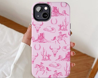 Cowgirl phone case, French Toile de Jouy iPhone cases, Pink Western themed cover, Wild West gift ideas, Rodeo cowboy gifts, Howdy art design