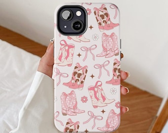 Coquette cowgirl phone case, Bow ribbon iPhone cases, Western rodeo girly cover, Balletcore pink bows gift, Wild west cowboy boots design
