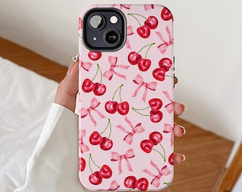 Coquette phone case, Cherry Themed Gifts, Ribbon bow iPhone cases, Girly Gift for Her, Cherries fruity cover, Balletcore pink fruit design