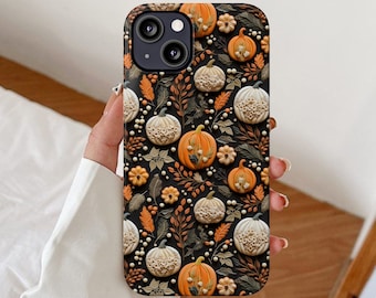 Capa de telefone de abóbora de argila Capas de iPhone de outono Design de folhas de outono Capa com tema de Ação de Graças Ideia de presente floral rústico sazonal para amantes de abóboras