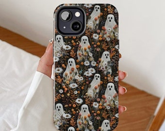 Capa de celular com tema de fantasma assustador, efeito bordado em argila 3D, design de flores de Halloween, arte de bordado floral, botânico fofo, tema de flores de jardim