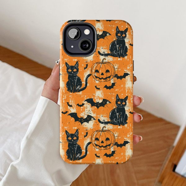 Vintage Halloween phone case, Rustic horror iPhone cases, Pumpkin theme design, Black cat distressed art, Witchy bat present, Pumpkins gift