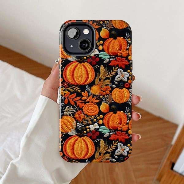 Pumpkin phone case, 3D embroidered effect, Autumn gift for her, Halloween season google pixel, Rustic fall embroidery, Samsung galaxy cases