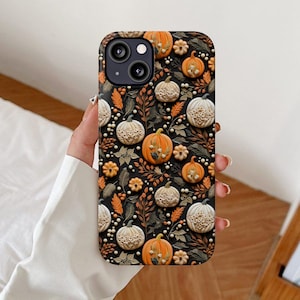 Clay Pumpkin Phone Case Fall iPhone Cases Autumn leaves design Thanksgiving theme cover seasonal rustic floral gift idea for Pumpkins lover