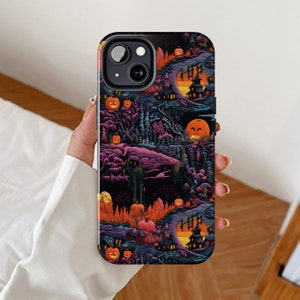 Halloween landscape phone case, Horror pumpkin iPhone cases, Spooky seasonal present, Pumpkins embroidered theme gift, 3D embroidery effect