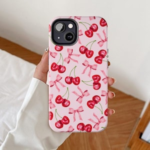Coquette phone case, Cherry Themed Gifts, Ribbon bow iPhone cases, Girly Gift for Her, Cherries fruity cover, Balletcore pink fruit design
