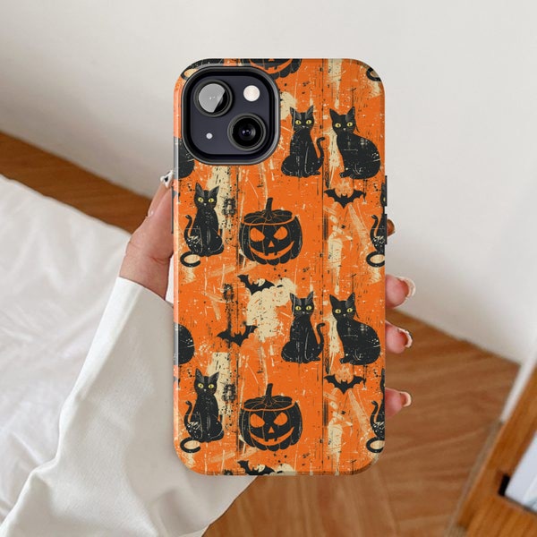 Vintage Halloween phone case, Horror pumpkin iPhone cases, Spooky black cat theme design, Rustic distressed art, Witchy seasonal gift idea