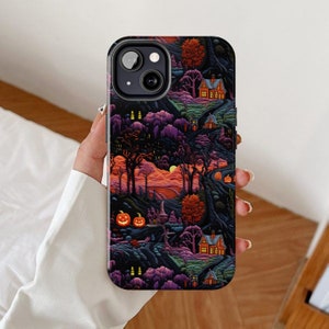 Halloween landscape phone case, 3D embroidery effect, Horror pumpkin iPhone cases, Spooky seasonal present, Pumpkins embroidered theme gift