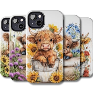 Highland cow phone case, Rustic boho iPhone cover, Trending country life Samsung galaxy, Farm animal Google Pixel, Floral sunflower lavender