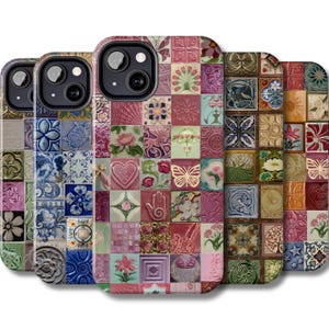 May include: A set of phone cases with a mosaic tile design. Each case has a unique pattern of small, square tiles in various colours, including pink, blue, green, and brown. The tiles display floral, butterfly, and geometric motifs.