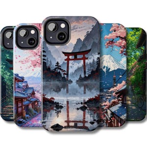 May include: Set of five phone cases featuring different Japanese-inspired designs. The cases feature a mountain range, a red torii gate, cherry blossoms, and a city street.