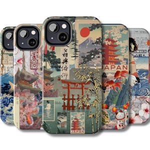 May include: Four different phone cases with a Japanese theme. Each case features a collage of images including a red sun, a mountain, a pagoda, a red gate, bamboo, and a goldfish. The text "JAPAN" is printed on the bottom of one of the cases.