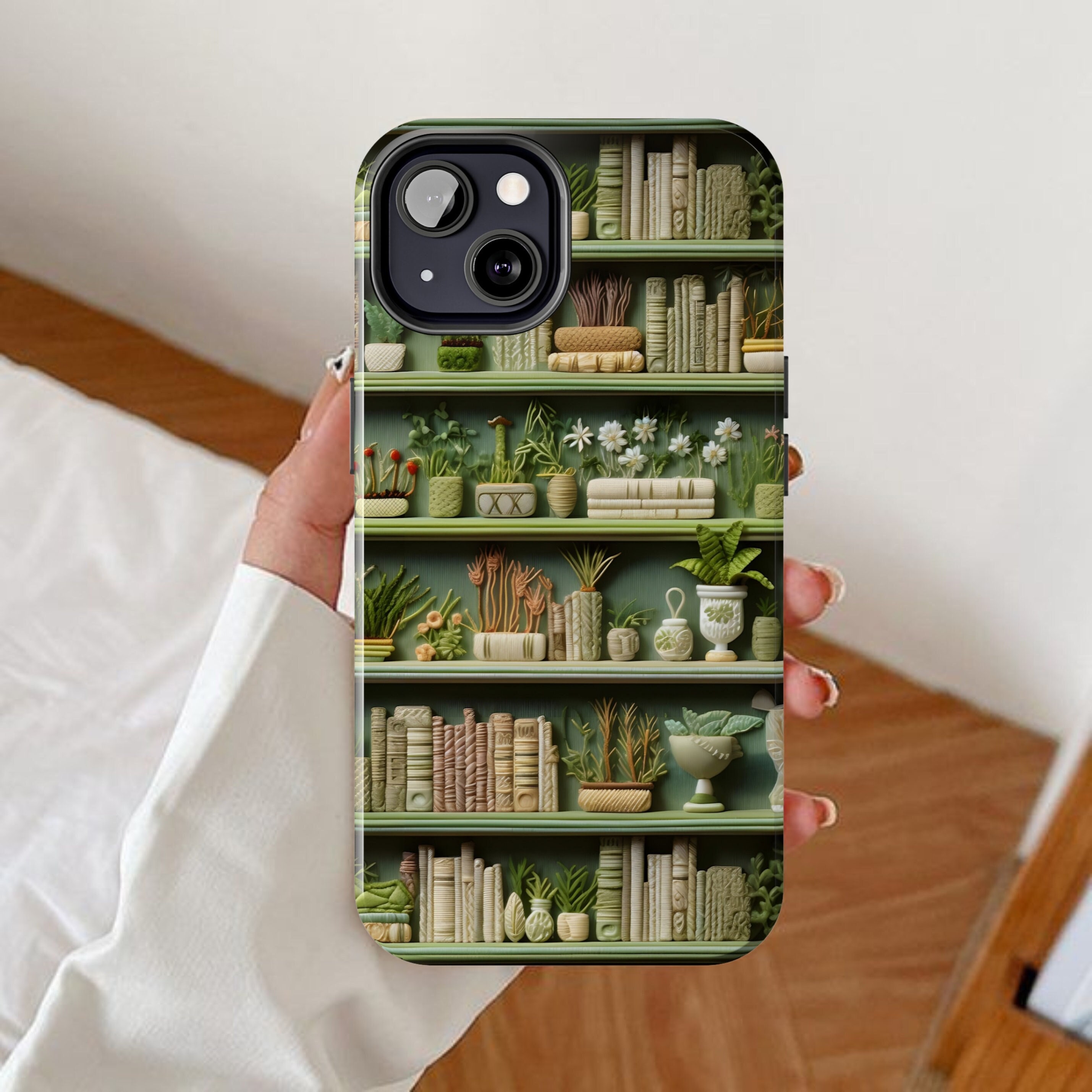 Funda para teléfono con estantería, efecto bordado en 3D, arte de bordado de plantas y libros, Google Pixel de plantas verdes, regalo de Samsung Galaxy de Booktrovert