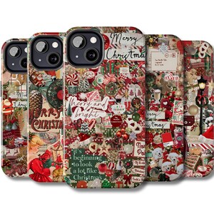 May include: Four different phone cases with a Christmas theme. The cases are all different designs, but they all feature a collage of Christmas-themed images, including Santa Claus, reindeer, presents, and Christmas trees. The text on the cases says "Merry Christmas" and "Merry and Bright".