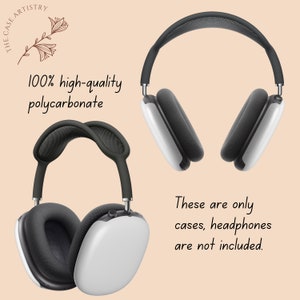 May include: White and black headphone cases made of 100% high-quality polycarbonate. The cases are shown in two different orientations. The text on the image says, "These are only cases, headphones are not included."