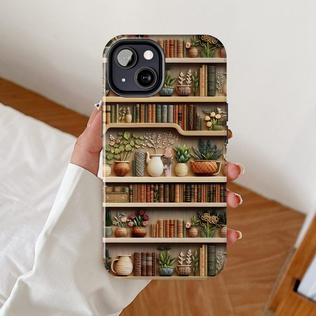 Bookshelf Phone Case, 3D Clay Embroidered Effect, Books Themed Embroidery Art, Booktrovert