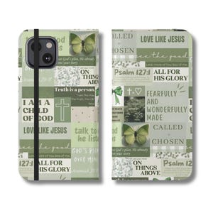 Capa de celular cristã, carteira com versículos da Bíblia para iPhone, fé católica Samsung Galaxy, design de laço coquete, estética de borboleta, floral fofo