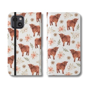 Étui pour téléphone à rabat en vache des Highlands, portefeuille western floral pour iPhone, thème des vaches, art fleur Samsung Galaxy, idée cadeau animal printanier pour elle