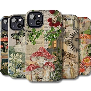 Étui pour téléphone Cottagecore, étui pour iPhone Nature Scrapbook, joli champignon Samsung Galaxy, collage botanique Google Pixel, esthétique florale tendance