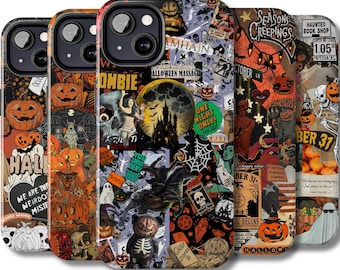 Capa de celular com colagem de Halloween, Capas de iPhone vintage assustadoras, Capa de terror para Samsung Galaxy, Pixel do Google com caveira e recortes, Design de bruxa com estampa de bruxa