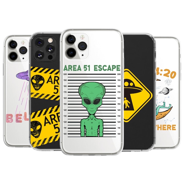 Alien Clear Phone Case UFO iPhone Hüllen Aliens Samsung Galaxy Cover Lustige Area 51 Invasion Design Raumschiff Ufologie Geschenkideen für Ufologen