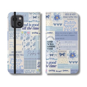 Funda de teléfono con tapa cristiana, billetera con versículo bíblico para iPhone, fe católica para Samsung Galaxy, diseño de lazo coqueto, estética de lazo azul, lindo diseño floral