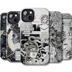 May include: A phone case with a collage design featuring Medusa, a Greek mythological figure with snakes for hair. The design includes black and white illustrations, text, and a green background. The text includes the words "Medusa", "Revenge", and "You're a monster".