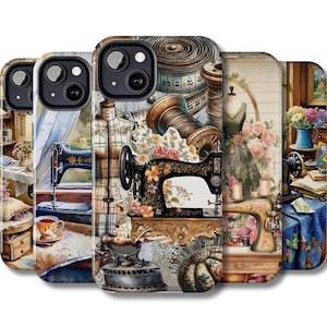 May include: A collection of phone cases featuring vintage sewing machine designs. Each case showcases a different watercolor illustration with floral accents, spools of thread, and measuring tapes. The cases have a vintage, artistic aesthetic.