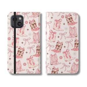 Étui pour téléphone portefeuille à rabat cow-girl Coquette, ruban nœud pour iPhone, rodéo occidental féminin, cadeau nœuds roses balletcore, conception de bottes de cowboy du Far West