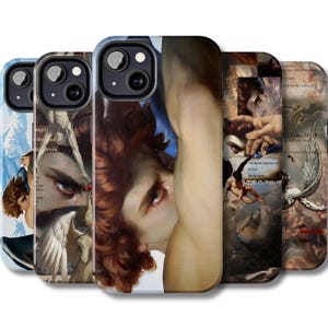 May include: A collection of phone cases featuring classical art. The cases display images of angels, figures, and text. The color palette includes blues, browns, and whites. The cases are designed for a smartphone.