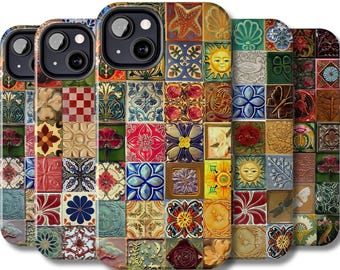 Funky tile print phone case, Azulejo block design iPhone cover, Ceramic tilework Samsung galaxy, Vintage porcelain Google Pixel, Artistic