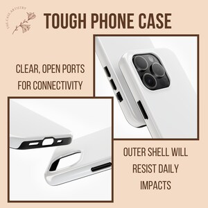 May include: A white phone case with clear open ports for connectivity. The case is designed to protect the phone from daily impacts. "TOUGH PHONE CASE" is written in brown text at the top of the image.