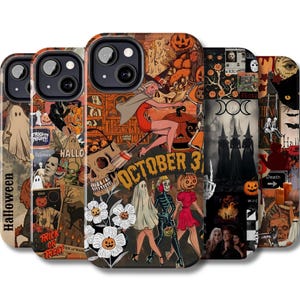 May include: A selection of Halloween phone cases. Each case displays a distinct collage of spooky images, such as ghosts, pumpkins, witches, and the text "Halloween" and "October 3". The colour scheme is primarily orange, black, and white.