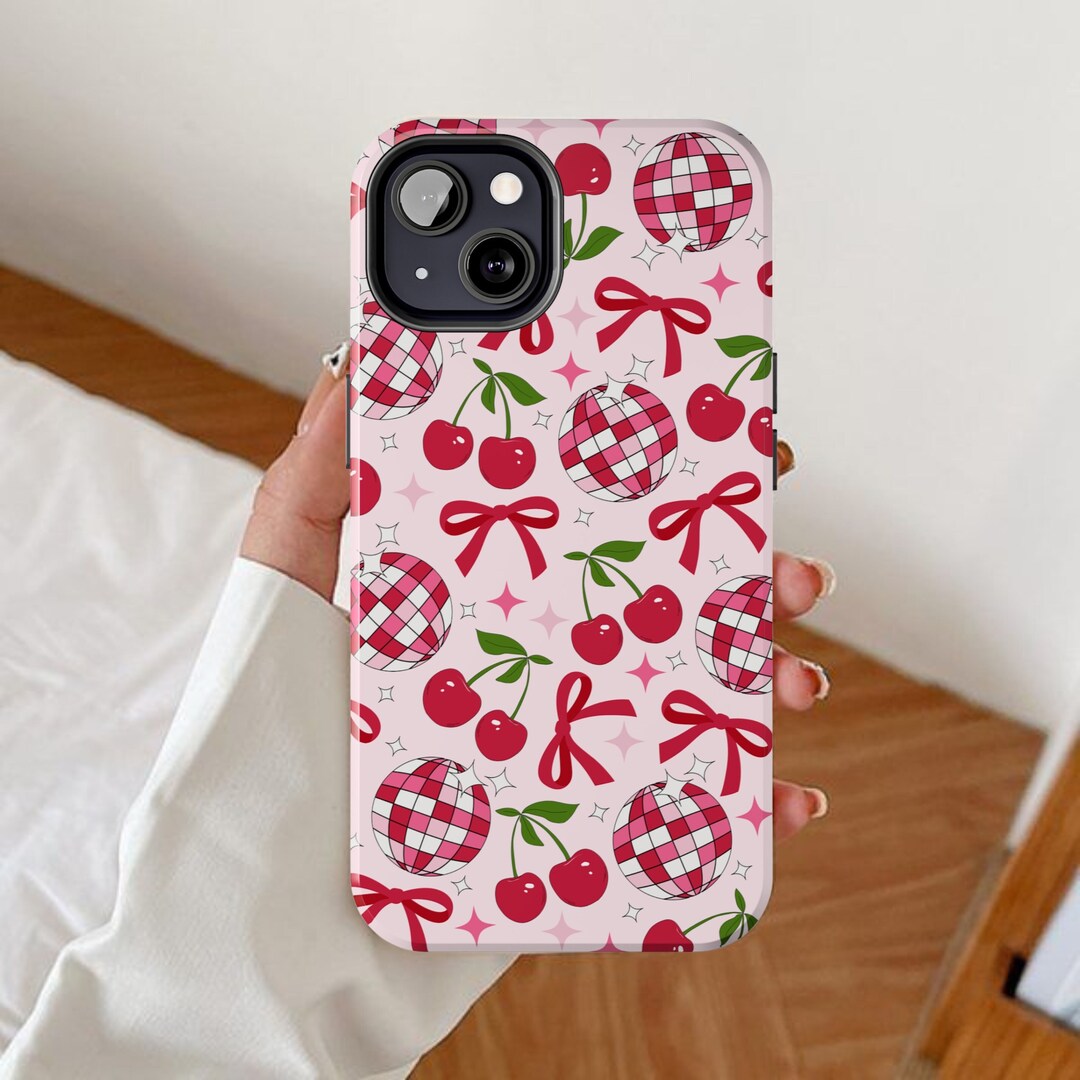 Coquette Phone Case, Cherry Disco Ball Design, Ribbon Bow