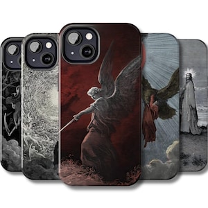 Puede incluir: Una colección de fundas para teléfonos con ilustraciones detalladas. Las fundas muestran imágenes de ángeles, figuras religiosas y escenas dramáticas en tonos rojos, negros y blancos. Las fundas están diseñadas para un smartphone moderno.