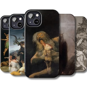 May include: A collection of phone cases featuring classical art prints. The cases display various artworks, including a depiction of a mythological figure consuming a child, and other historical paintings. The cases are black with a glossy finish.