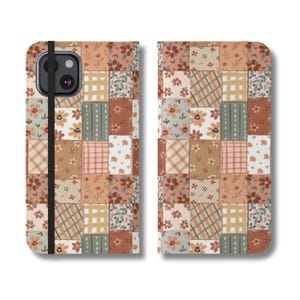 ヒュッゲ フリップ ウォレット フォン ケース、秋の花の iPhone デザイン、秋の花の Samsung Galaxy、心地よい季節の美学、パッチワークの花の庭