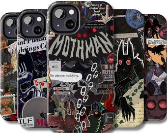 May include: A collection of phone cases with a collage design. The cases feature a black background with various graphics, including the word "Mothman," a black creature with red eyes, and other illustrations. Text includes "I'm always watching."