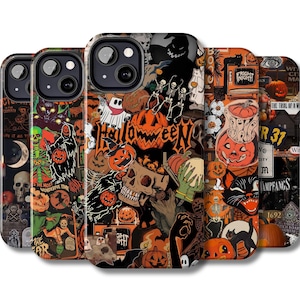 May include: A collection of Halloween-themed phone cases. Each case features a collage of spooky imagery, including pumpkins, skeletons, ghosts, and the word "Halloween". The color palette is dominated by orange, black, and brown.
