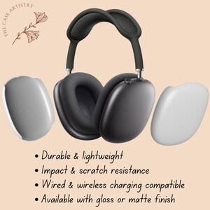 May include: Black over-ear headphones with a gray mesh headband and earcups, accompanied by two white and gray protective cases. The text on the image says "Durable & lightweight", "Impact & scratch resistance", "Wired & wireless charging compatible", and "Available with gloss or matte finish."
