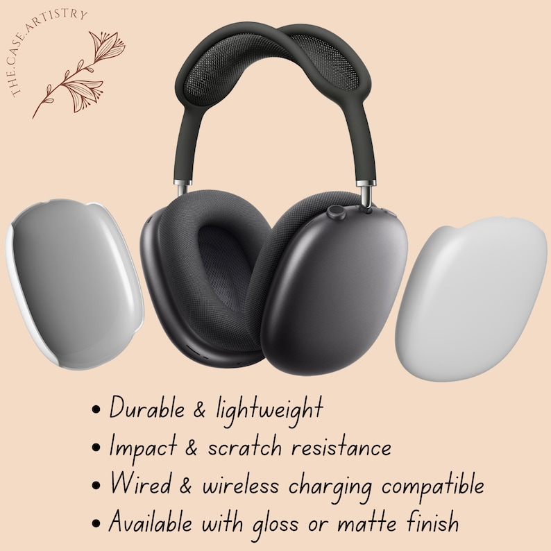 May include: Black over-ear headphones with a gray mesh headband and earcups, accompanied by two white and gray protective cases. The text on the image says "Durable & lightweight", "Impact & scratch resistance", "Wired & wireless charging compatible", and "Available with gloss or matte finish."